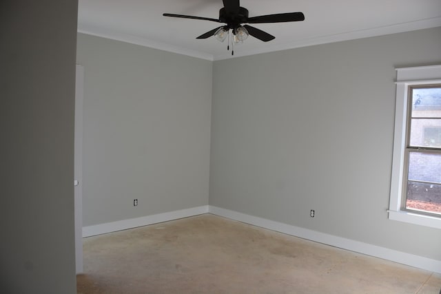 empty room with ceiling fan and crown molding