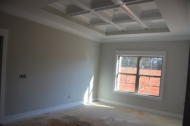 unfurnished room with beamed ceiling and coffered ceiling