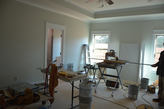 misc room featuring a raised ceiling, ceiling fan, and ornamental molding