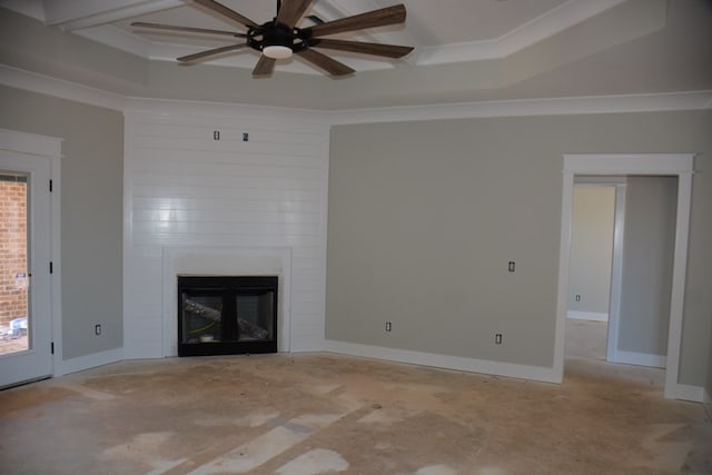 unfurnished living room featuring ceiling fan, a large fireplace, and crown molding