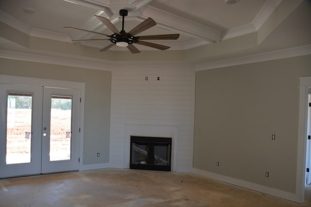 unfurnished living room with beam ceiling, ceiling fan, french doors, crown molding, and a fireplace