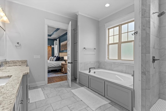 bathroom featuring tile patterned floors, vanity, ornamental molding, and shower with separate bathtub