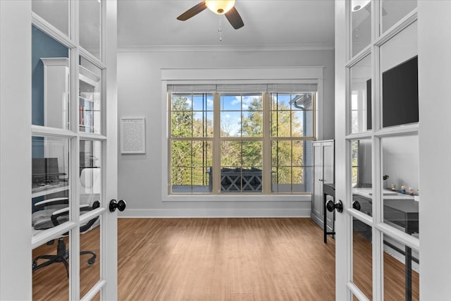 exercise room featuring hardwood / wood-style floors, plenty of natural light, ceiling fan, and french doors