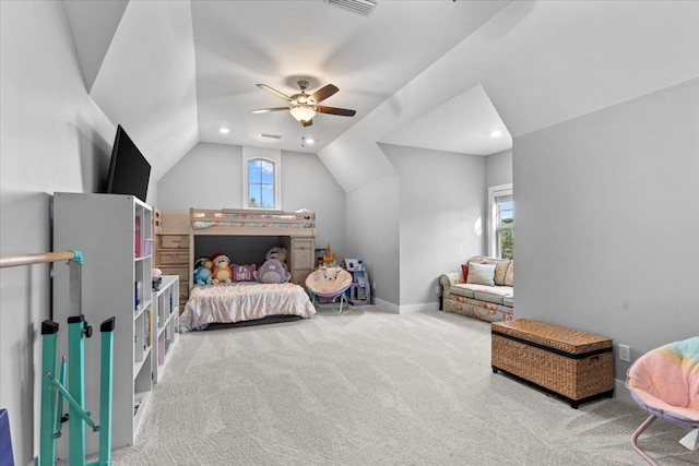 bedroom featuring carpet flooring, ceiling fan, and lofted ceiling