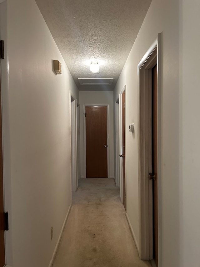 hall featuring light colored carpet and a textured ceiling