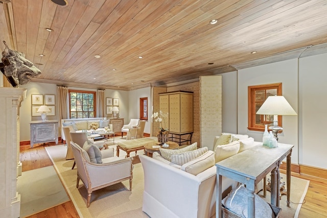 living room featuring light wood-type flooring and wooden ceiling