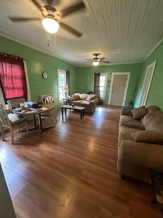 living room with ceiling fan, wooden ceiling, and dark wood-type flooring