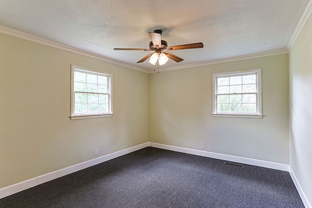 1810 Northside Dr, Dothan, AL 36303 - empty room with plenty of natural light, a ceiling fan, a textured ceiling, baseboards, and crown molding