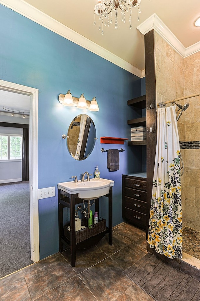1810 Northside Dr, Dothan, AL 36303 - full bathroom with ornamental molding, a chandelier, a tile shower, baseboards, and a sink