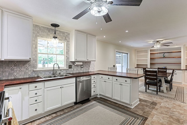 1810 Northside Dr, Dothan, AL 36303 - kitchen with stainless steel dishwasher, a sink, wood counters, and ceiling fan