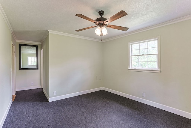 1810 Northside Dr, Dothan, AL 36303 - empty room featuring ornamental molding, a textured ceiling, ceiling fan, baseboards, and dark carpet