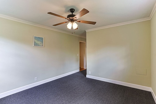 1810 Northside Dr, Dothan, AL 36303 - empty room with ornamental molding, baseboards, a ceiling fan, and dark colored carpet