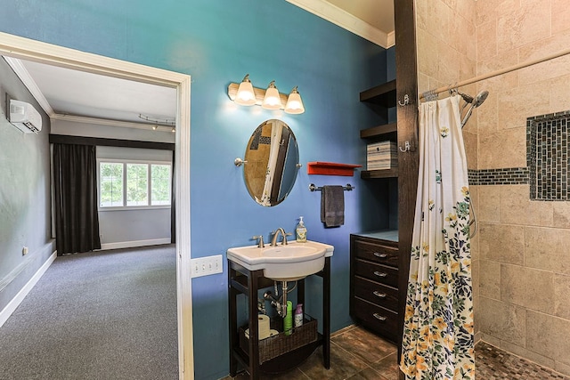 1810 Northside Dr, Dothan, AL 36303 - full bath with crown molding, an AC wall unit, a tile shower, a sink, and baseboards