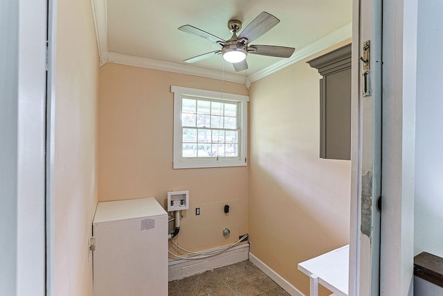1810 Northside Dr, Dothan, AL 36303 - laundry area featuring washer hookup, hookup for an electric dryer, crown molding, a ceiling fan, and baseboards