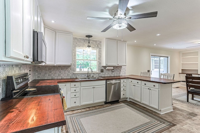 1810 Northside Dr, Dothan, AL 36303 - kitchen with a sink, stainless steel appliances, butcher block counters, a peninsula, and a ceiling fan
