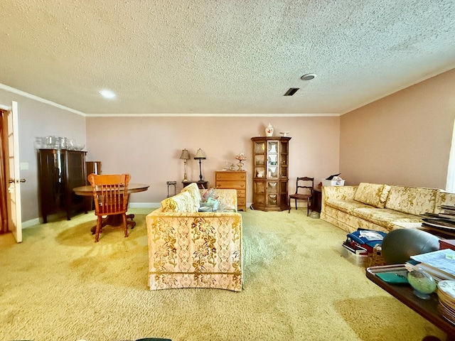 152 W Cox St, Slocomb, AL 36375 - living area with carpet, ornamental molding, and a textured ceiling