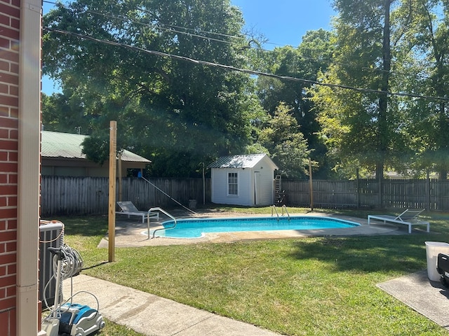 view of swimming pool with a fenced in pool, a fenced backyard, and a lawn