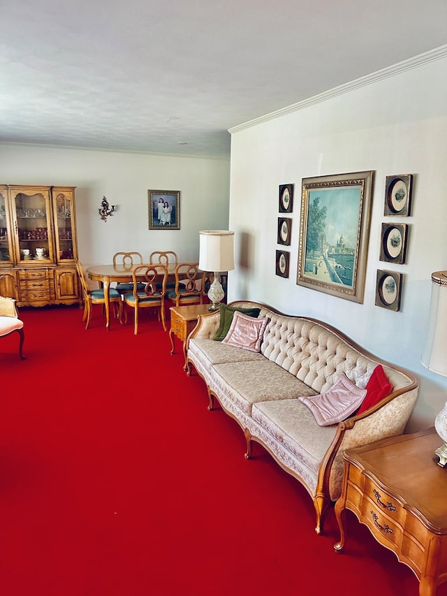 carpeted living room with ornamental molding