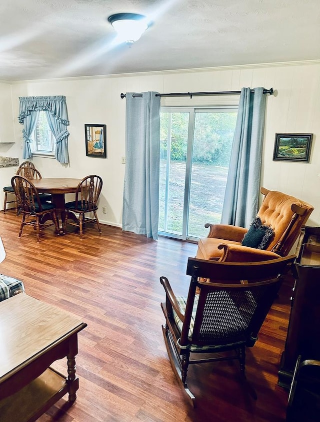 living area featuring baseboards, wood finished floors, and a wealth of natural light