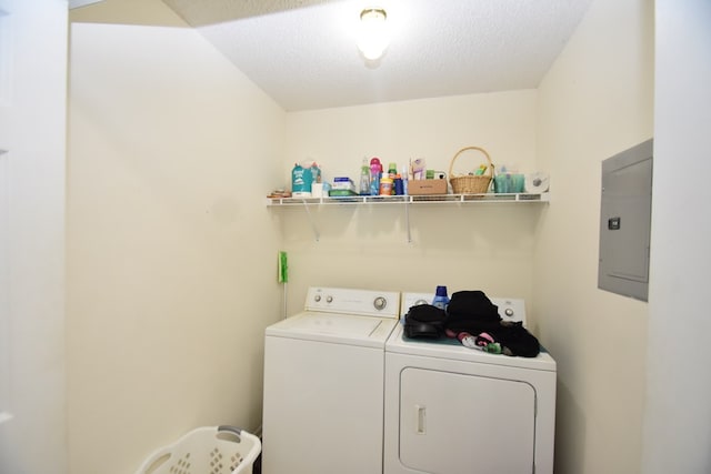 2023 Brackin Dr, Dothan, AL 36301 - washroom featuring washer and clothes dryer, electric panel, and a textured ceiling