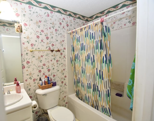 2023 Brackin Dr, Dothan, AL 36301 - bathroom with wallpapered walls, vanity, shower / bathtub combination with curtain, and toilet