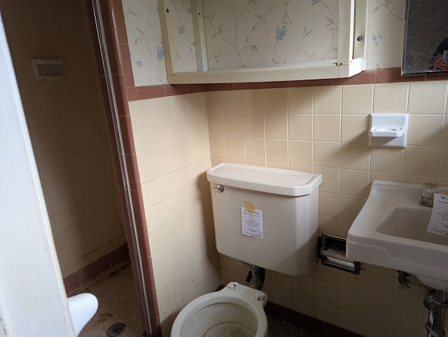 bathroom with tile walls, sink, and toilet