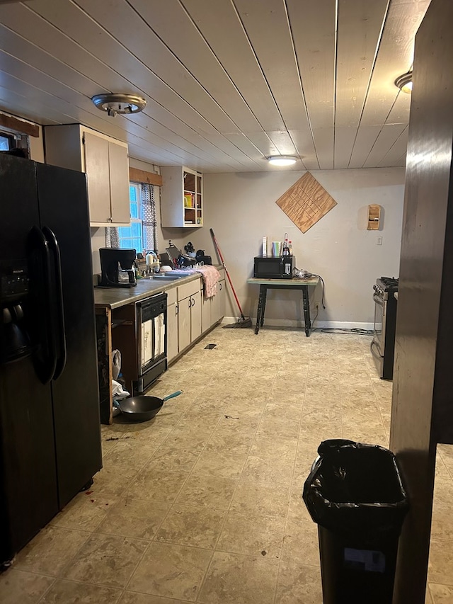 kitchen featuring black appliances, wood ceiling, and sink