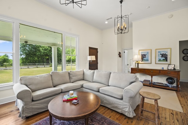 5606 Rocky Creek Rd, Ashford, AL 36312 - living room with a chandelier, plenty of natural light, wood finished floors, and ornamental molding