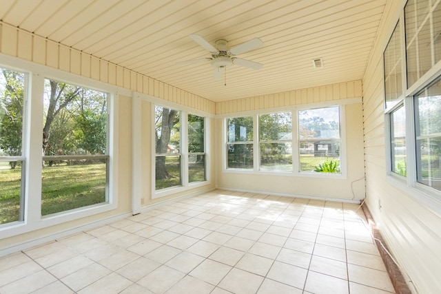 unfurnished sunroom featuring wood ceiling and a ceiling fan