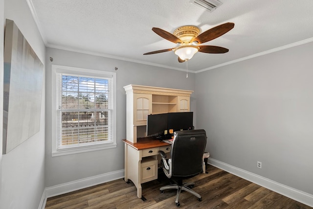 home office featuring visible vents, baseboards, and dark wood-style flooring