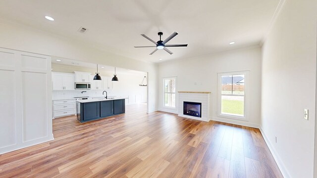 108 Weeping Willow Trl, Headland, AL 36345 - unfurnished living room with a sink, ceiling fan, ornamental molding, light wood-type flooring, and a fireplace