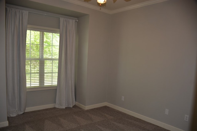 carpeted empty room featuring ceiling fan, baseboards, crown molding, and a wealth of natural light