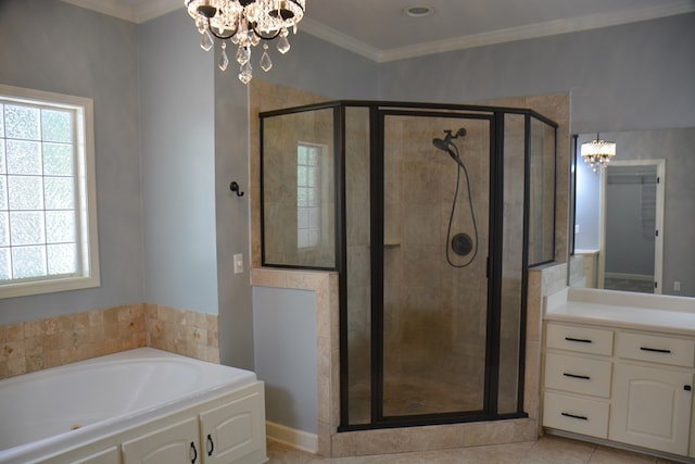 full bath with a stall shower, a chandelier, and a healthy amount of sunlight