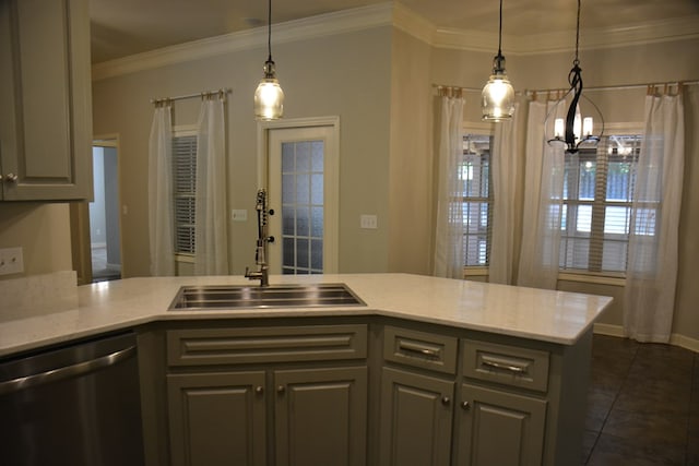 kitchen with an inviting chandelier, dishwasher, ornamental molding, a sink, and pendant lighting