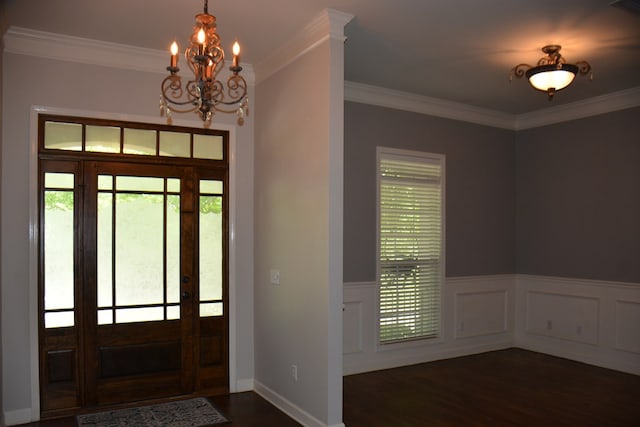 foyer featuring dark wood-type flooring, a chandelier, ornamental molding, and a healthy amount of sunlight