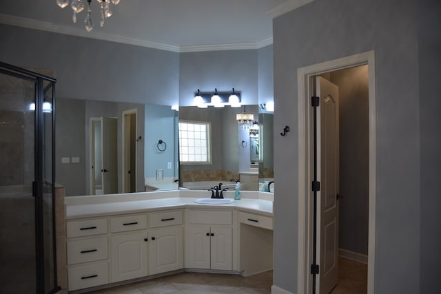 bathroom featuring a shower stall, tile patterned floors, vanity, ornamental molding, and a chandelier