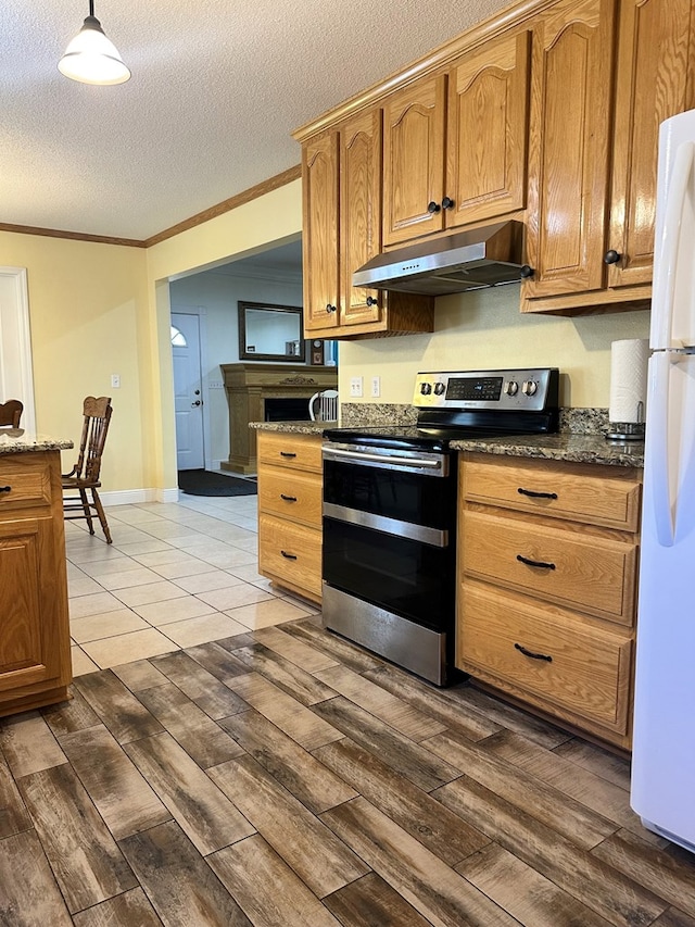 kitchen with under cabinet range hood, stainless steel range with electric cooktop, freestanding refrigerator, and dark wood-style flooring