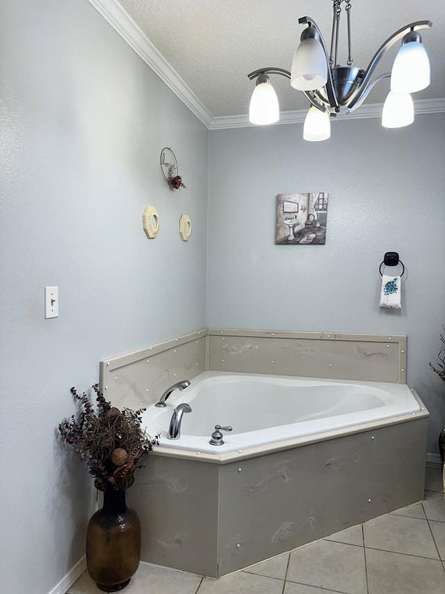 full bathroom featuring a garden tub, ornamental molding, a textured ceiling, and tile patterned flooring