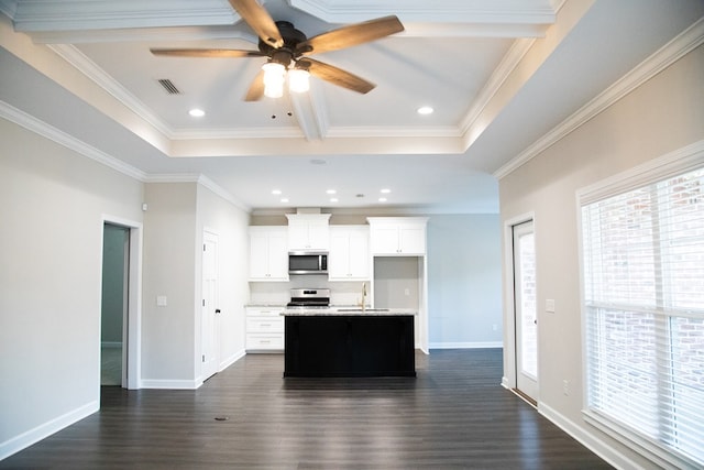 kitchen with sink, appliances with stainless steel finishes, a kitchen island with sink, white cabinetry, and ornamental molding