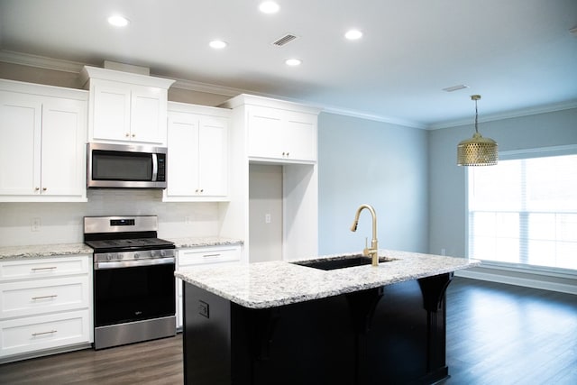 kitchen with stainless steel appliances, white cabinetry, sink, and a center island with sink