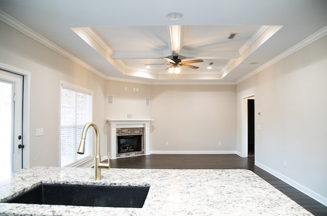 kitchen with sink, crown molding, a fireplace, light stone countertops, and a raised ceiling