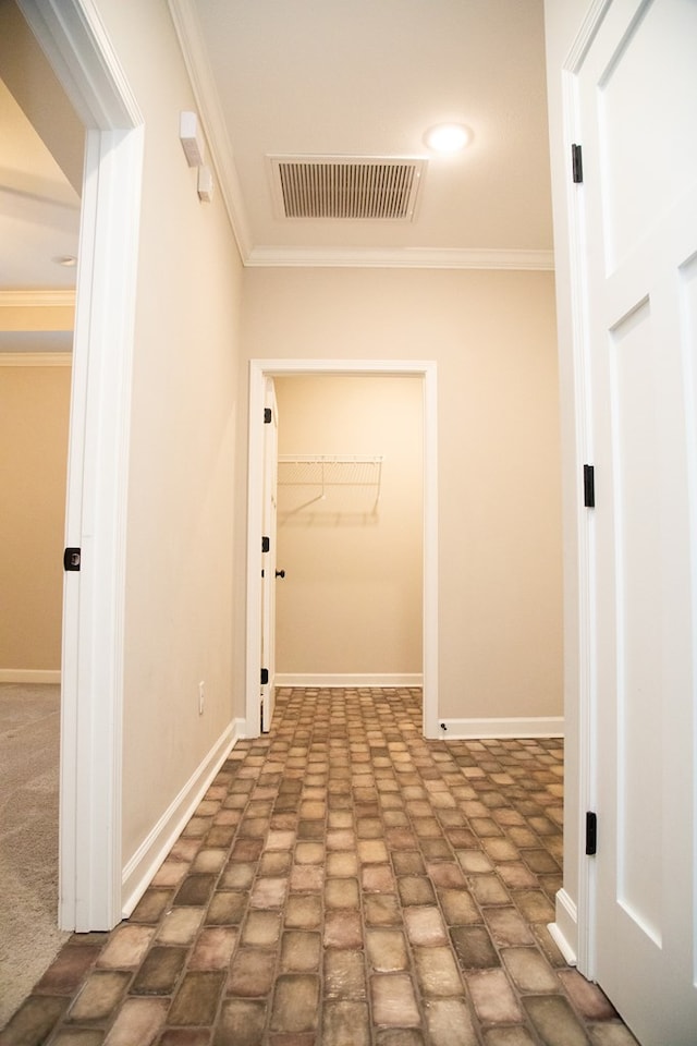 washroom featuring crown molding and carpet floors