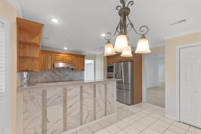 kitchen featuring decorative backsplash, pendant lighting, stainless steel appliances, and ornamental molding