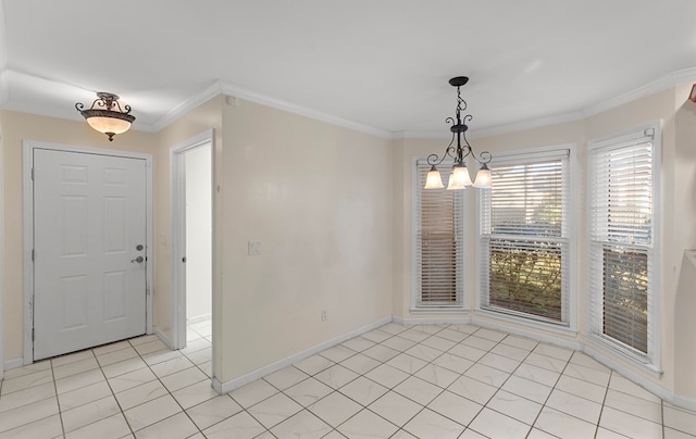 unfurnished dining area with light tile patterned floors, ornamental molding, and a notable chandelier