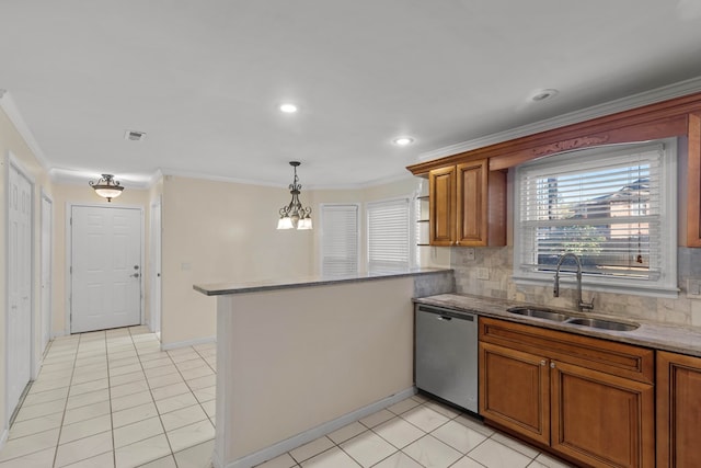 kitchen with dishwasher, light tile patterned floors, ornamental molding, and sink