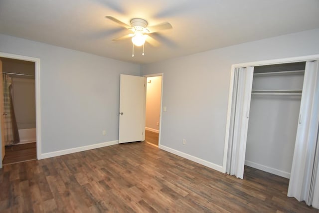 145 Deerpath St, Ozark, AL 36360 - unfurnished bedroom featuring dark wood-type flooring, baseboards, and ceiling fan