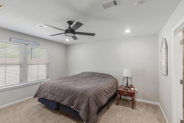 carpeted bedroom with recessed lighting, baseboards, visible vents, and ceiling fan