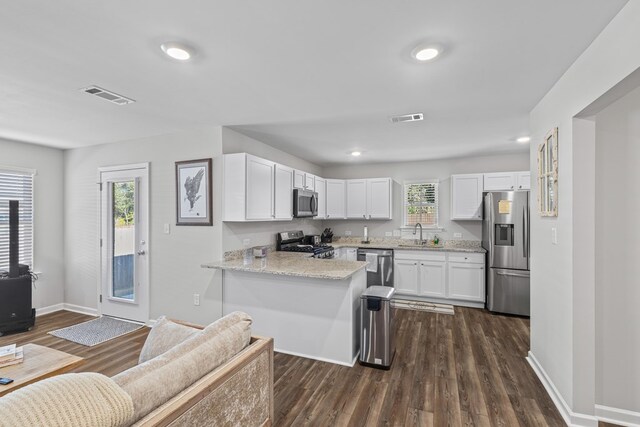 kitchen with kitchen peninsula, stainless steel appliances, dark hardwood / wood-style flooring, white cabinets, and sink