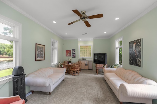 109 Royal Highlands Ln, Dothan, AL 36305 - living area featuring plenty of natural light, recessed lighting, light carpet, a ceiling fan, and ornamental molding