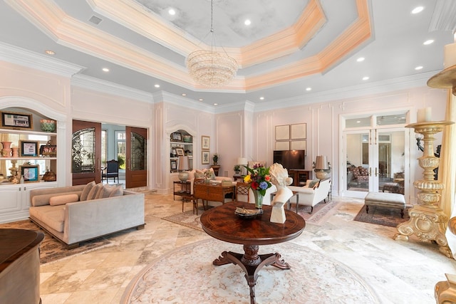 109 Royal Highlands Ln, Dothan, AL 36305 - living area with ornamental molding, a towering ceiling, french doors, and a chandelier